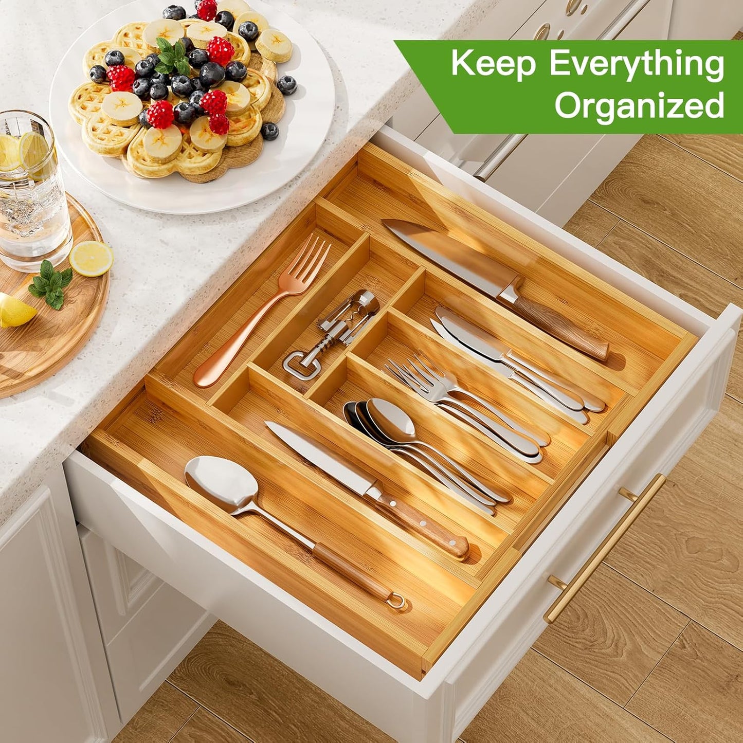 Bamboo Expandable Drawer Organizer for Utensils Holder, Adjustable Cutlery Tray