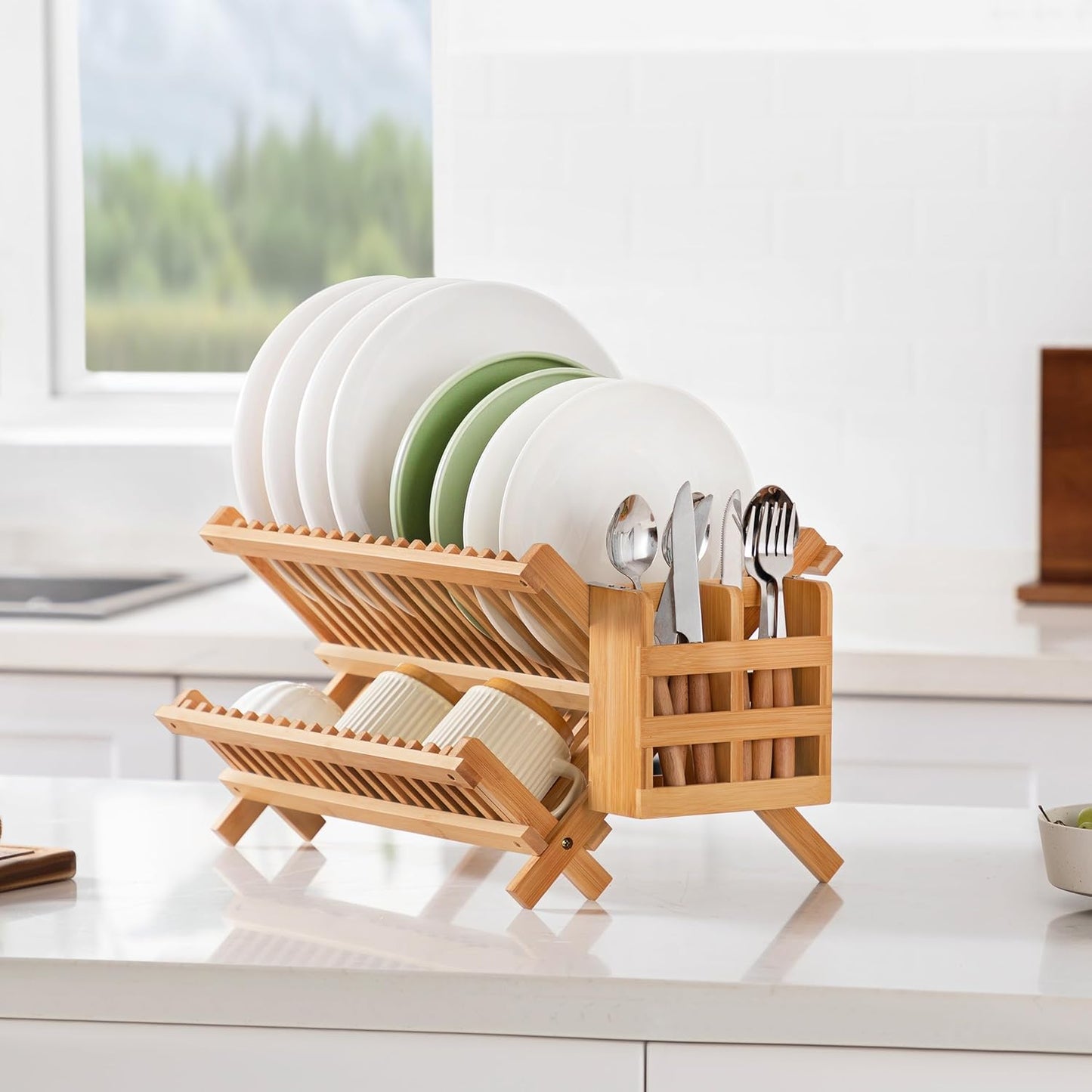 Bamboo Dish Drying Rack with Utensil Holder, 2 Tier Collapsible Dish Rack for Kitchen Counter