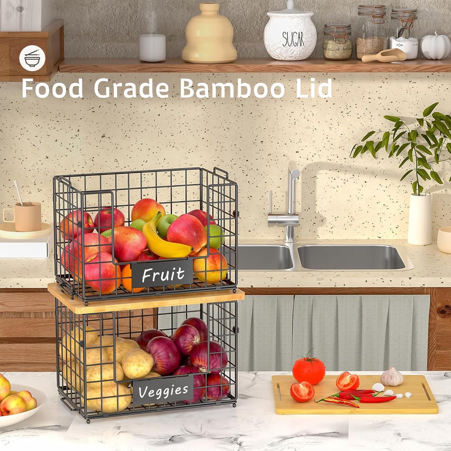 2 Set XL Stackable Wire Baskets with Bamboo Top- Pantry Organizers and Storage