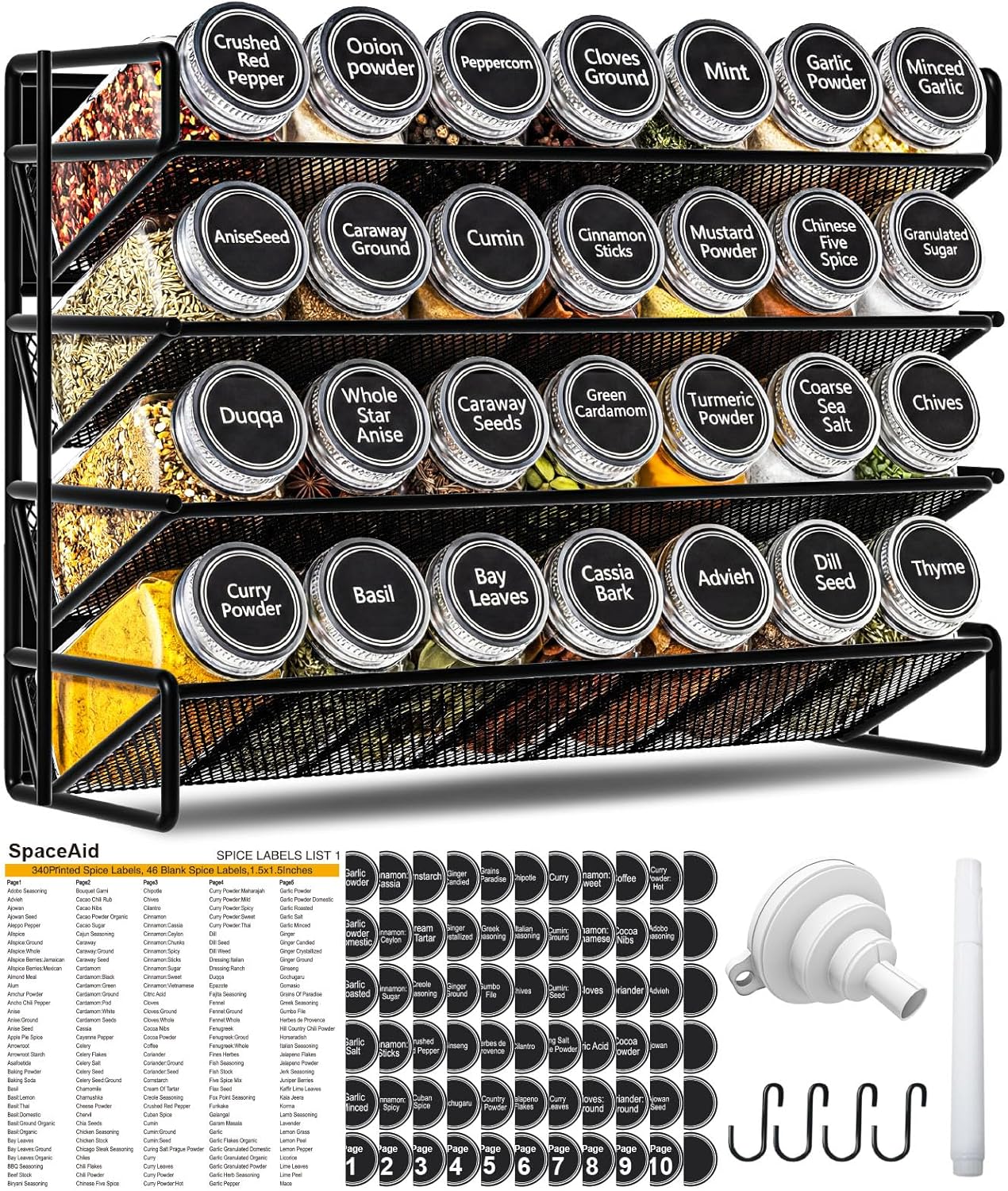 Magnetic Spice Rack Organizer for Refrigerator with 28 Spice Jars, 386 Spice Labels, 4 Hook