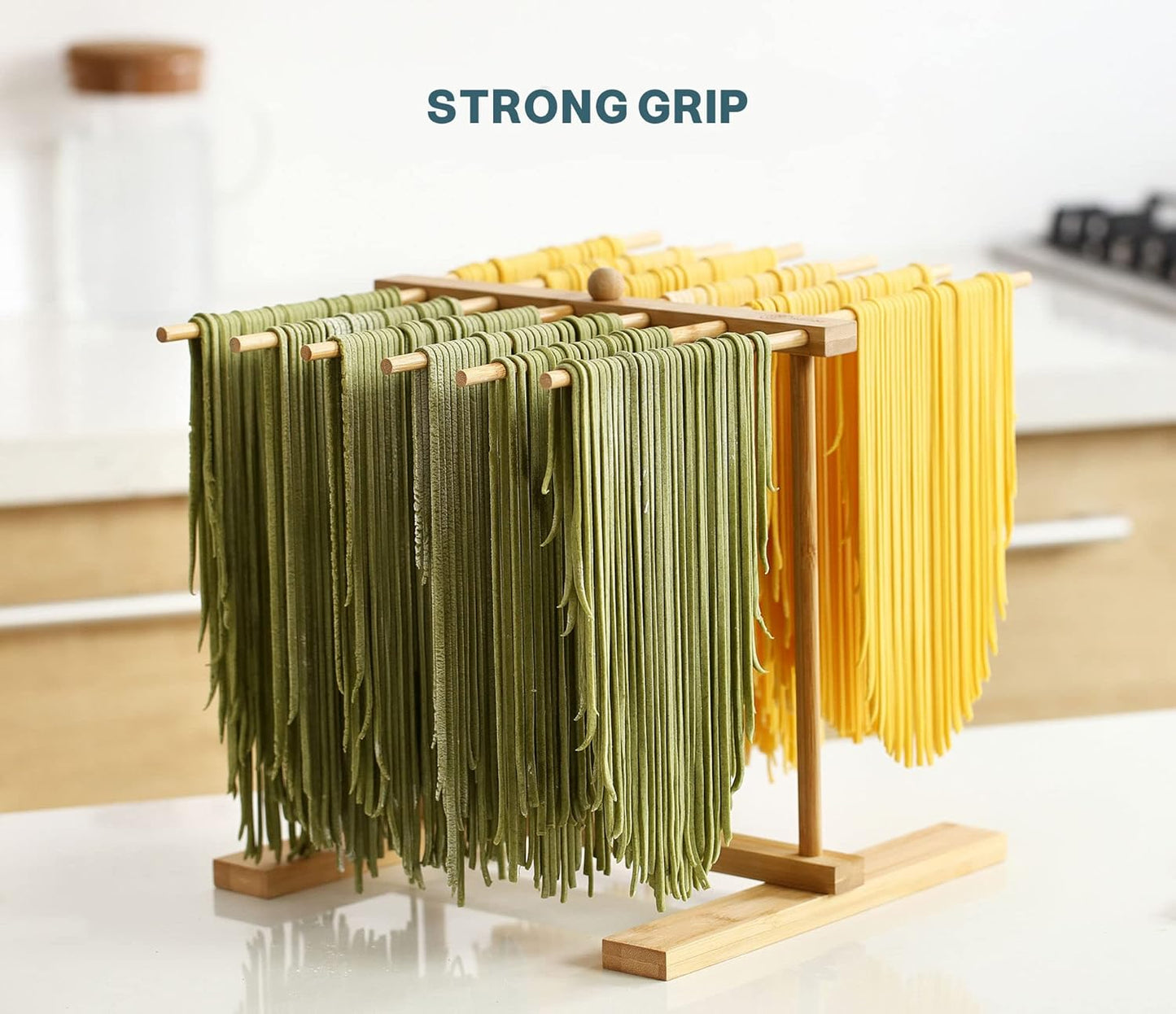 Bamboo Pasta Drying Rack with Transfer Wand and 12 Bars