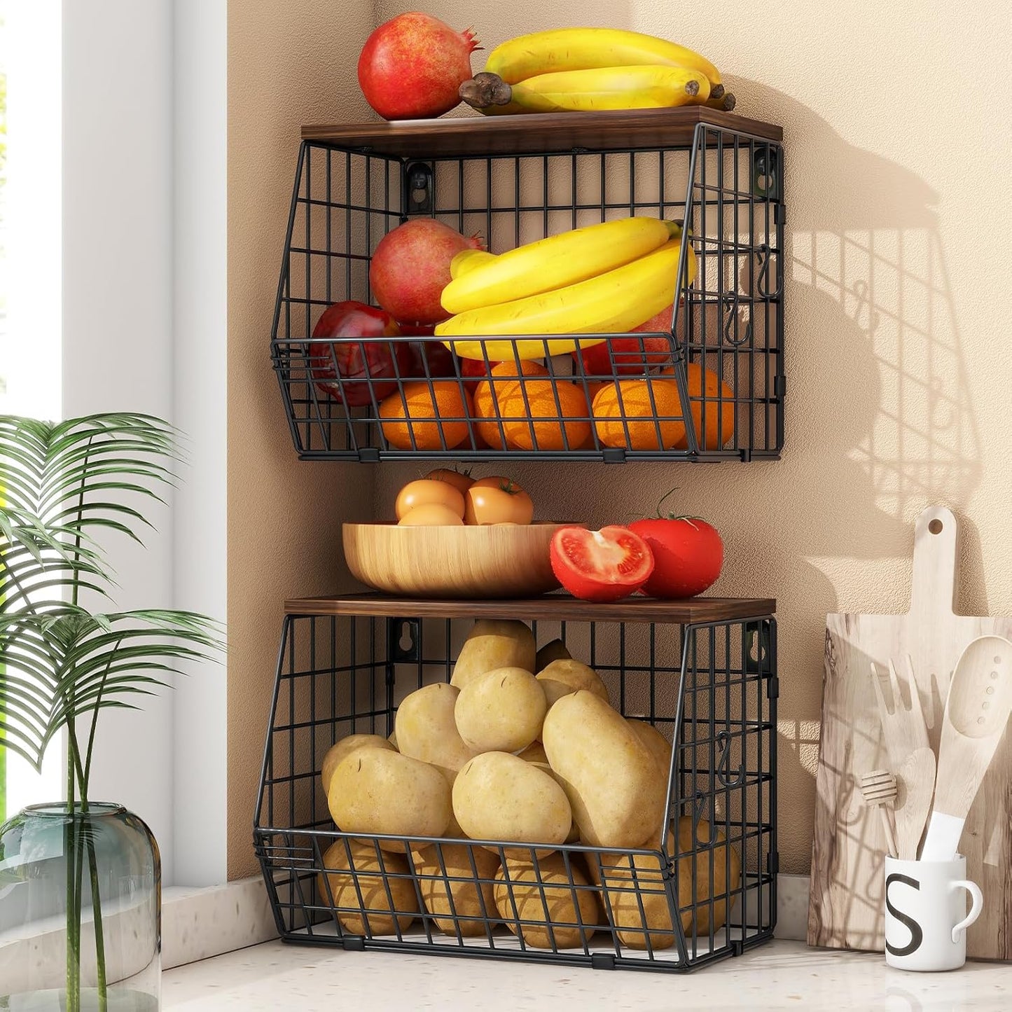 2pcs Fruit Basket Kitchen Storage Basket with Wood Lid