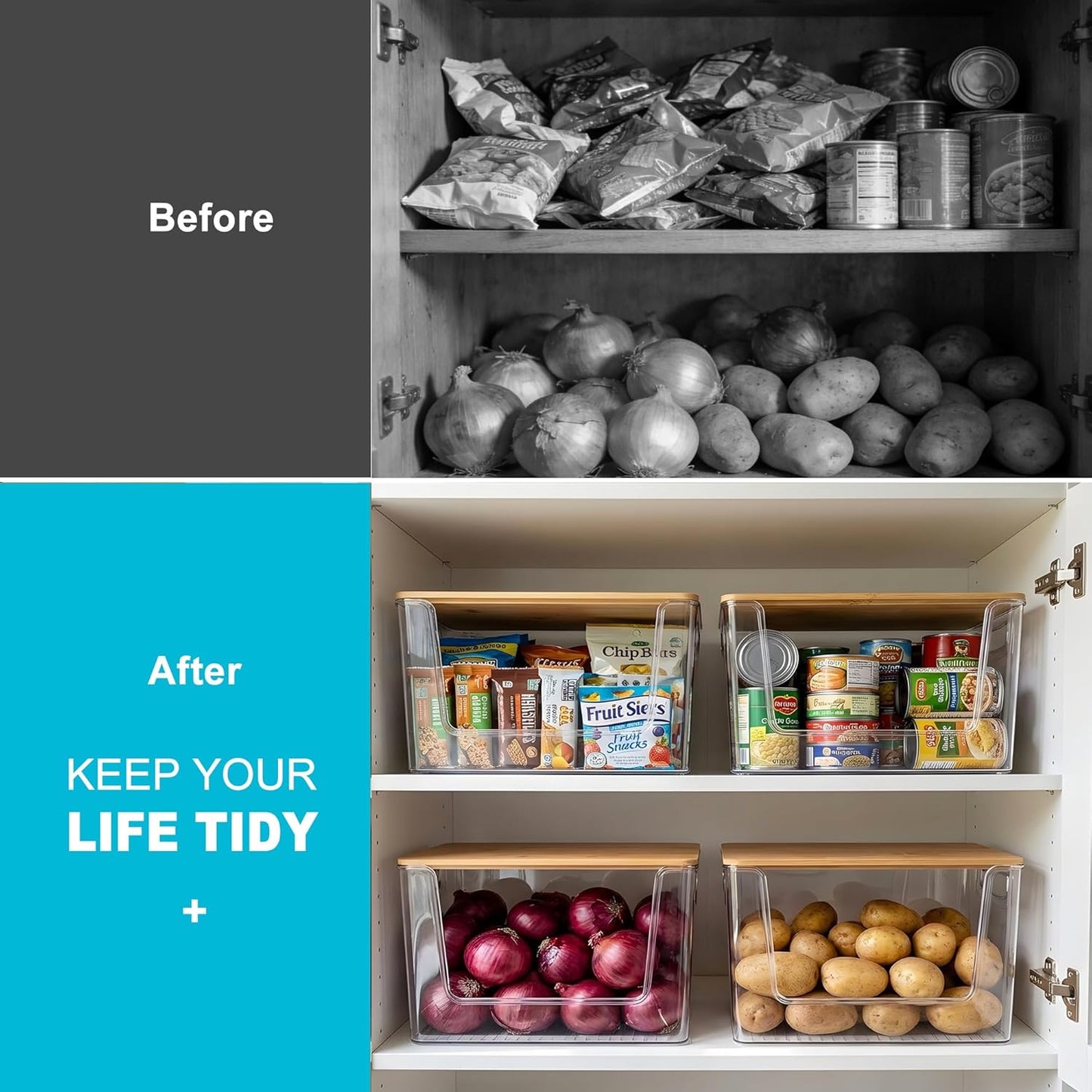 Pantry Organizers Storage, 2 Pack Large Capacity Clear Storage Bins with Bamboo Lids for Onion