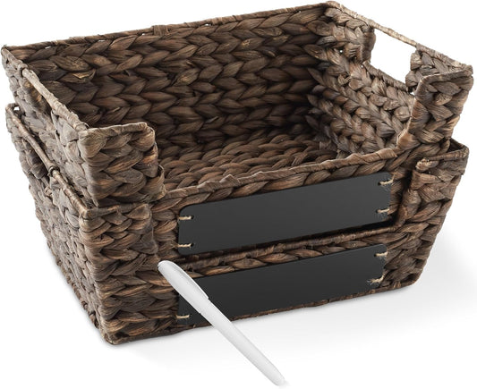 Set of 2 Water Hyacinth Pantry Baskets with Handles, Chalkboard Labels, and Marker - Espresso