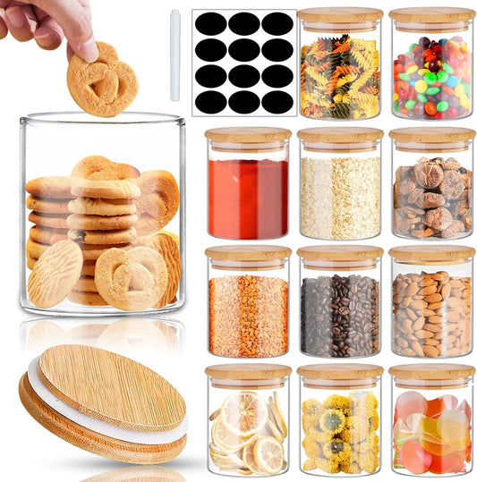Glass Jars with Bamboo Lids 16 oz, 12pcs Glass Food Storage Jars with Rewritable Labels