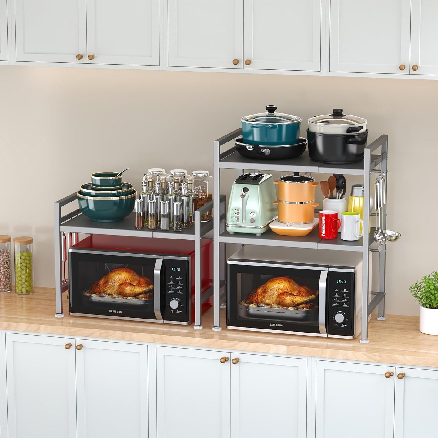 PUSDON 3-Tier Expandable Microwave Oven Rack, Countertop Baker's Rack Style Shelf, Heavy Duty Adjustable Stand with Hooks, 160lbs Capacity Appliance Match, Silver Gray