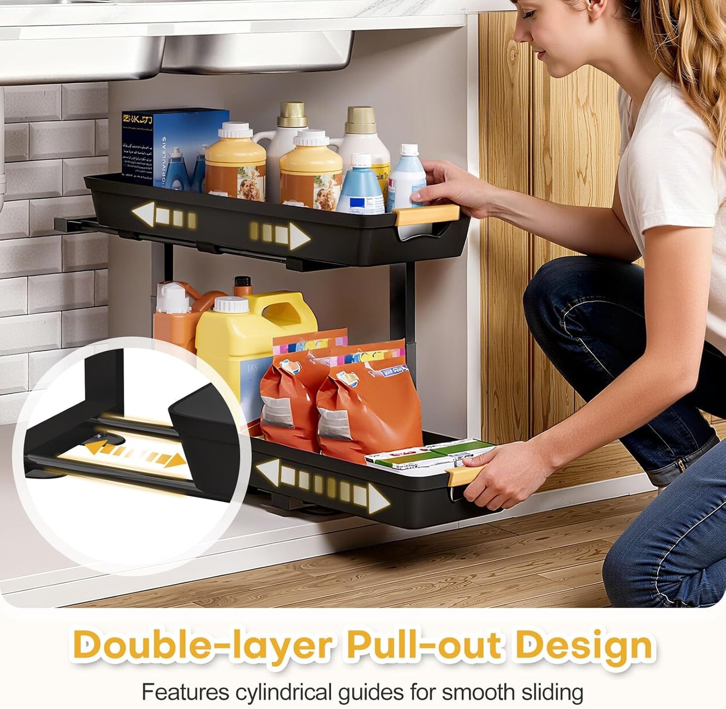 2-Tier Under Sink Organizer: 2pcs Set Adjustable Pull Out Drawer Undersink Cabinet Storage Rack for Home Kitchen Bathroom