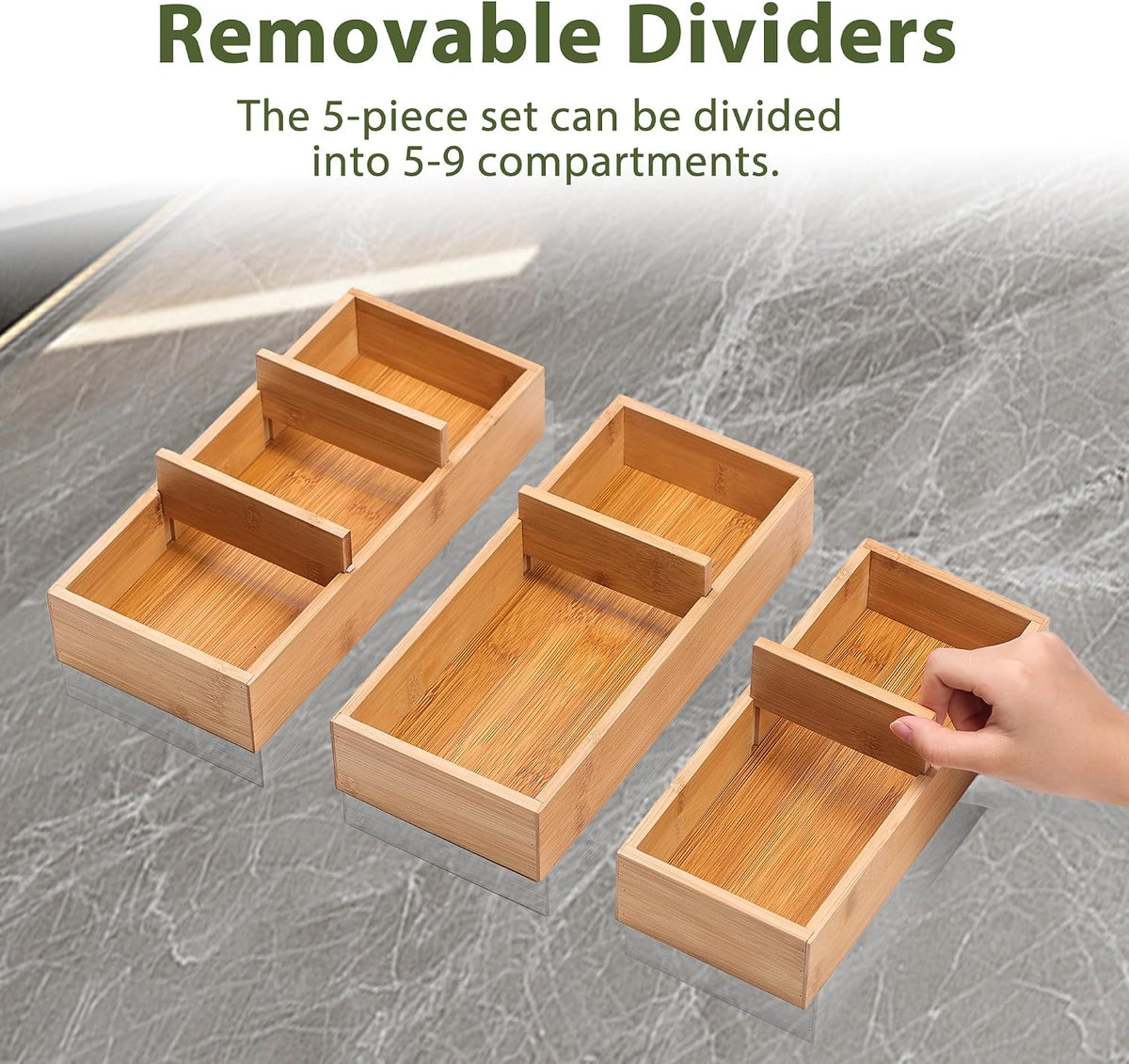 Bamboo Drawer Organizers Set with Removable Dividers