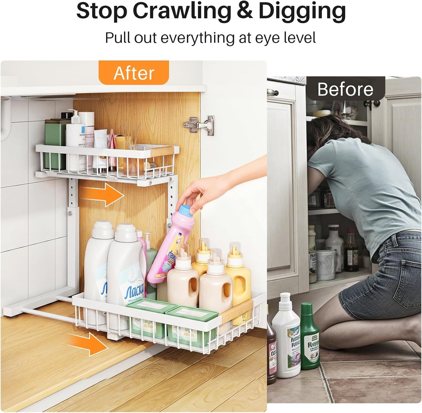 Under Sink Organizer, Adjustable Height, 2 Tier Pull Out Under Cabinet Organizer