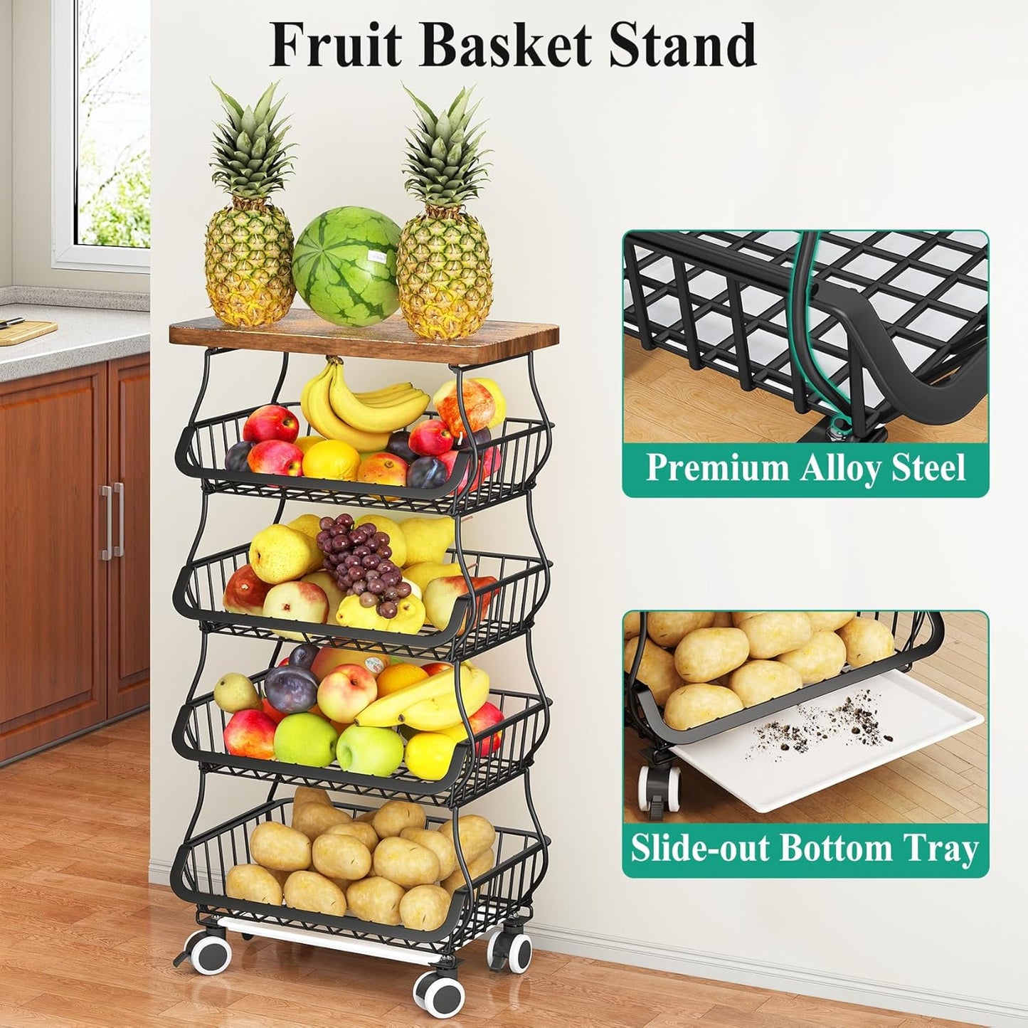 Fruit Basket Kitchen Pantry Organizers and Storage - Wooden Top Table