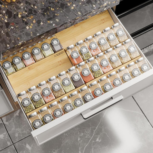 Bamboo Spice Drawer Organizer with Non-slip Mat,4 Tier