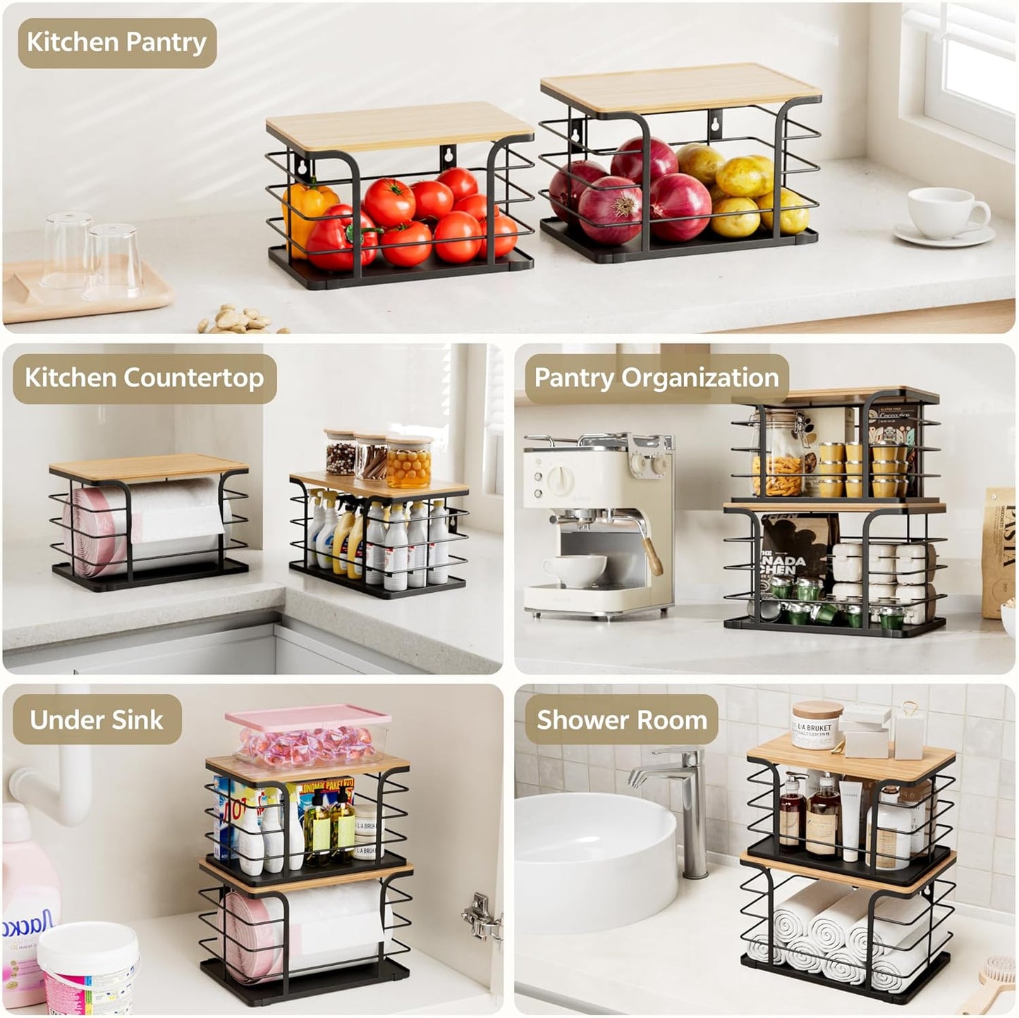 2 Pack Potato and Onion Storage Bin,Stackable Pantry Organizers and Storage with PP Liner and Bamboo Top,Kitchen Storage Organization Counter Basket for Fruits,Produce,Vegetable, Black