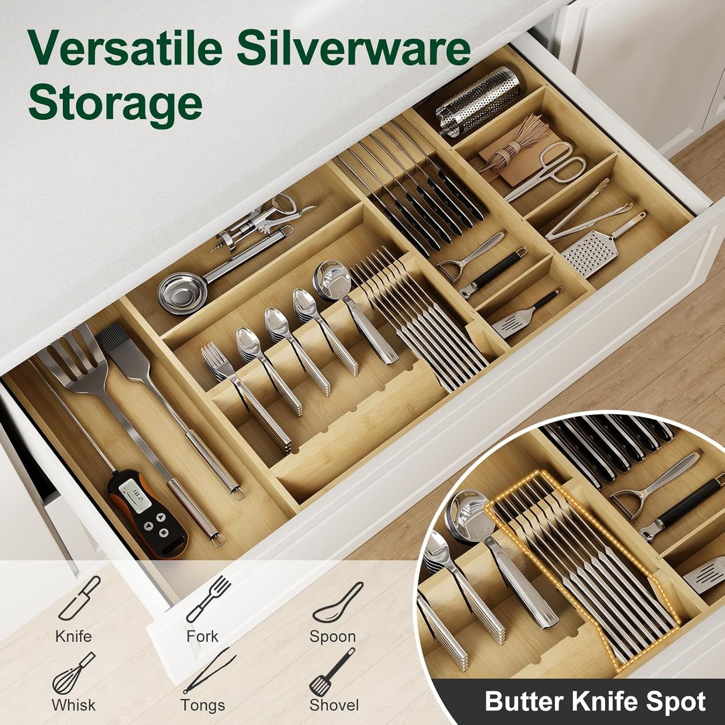 Bamboo Silverware Drawer Organizer, 17.7-29.5 Inch Expandable Large Kitchen Drawer Organizer