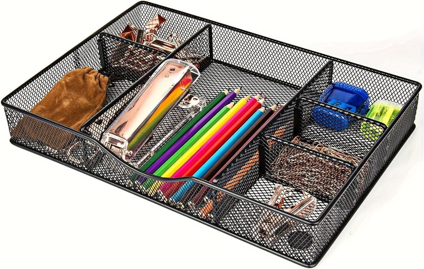 Desk Drawer Organizer Tray, Metal Mesh Drawer Organizers Office, 6 Adjustable Compartment