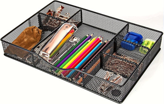 Desk Drawer Organizer Tray, Metal Mesh Drawer Organizers Office, 6 Adjustable Compartment