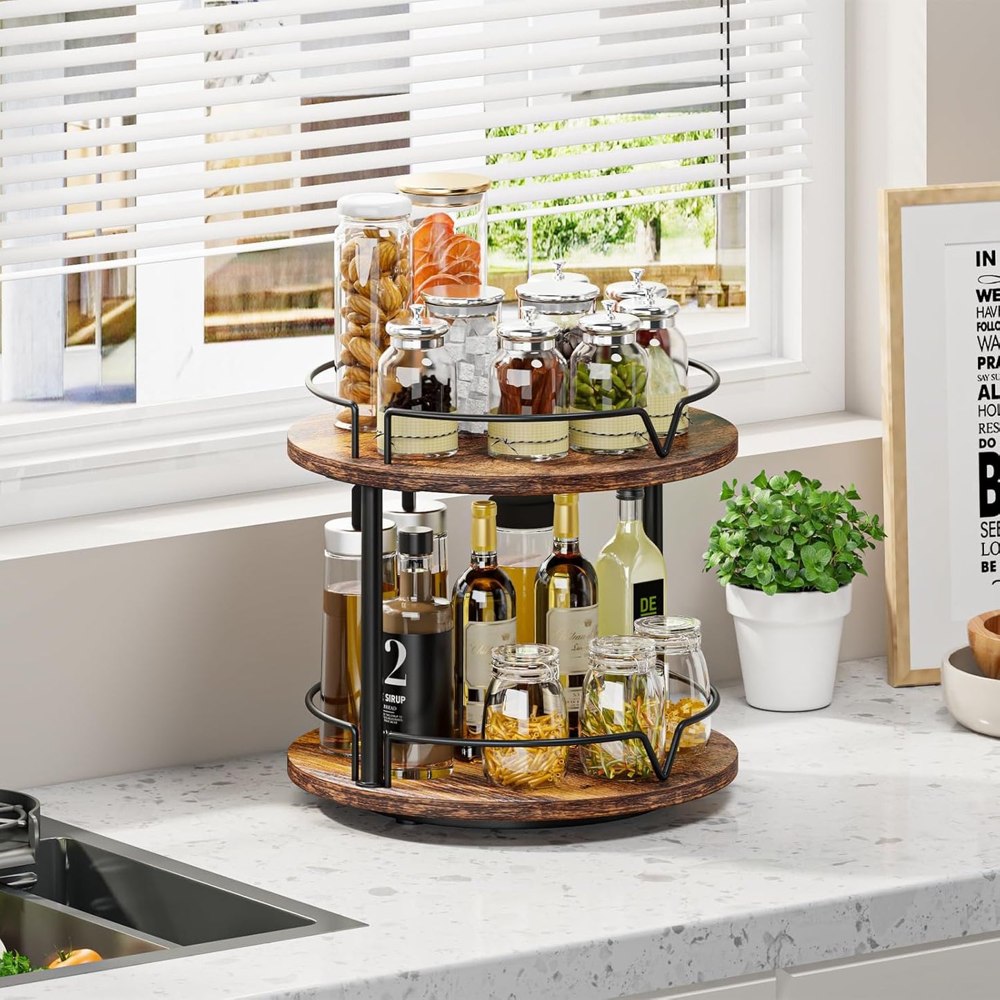 12" Wood Lazy Susan, Rotating Spice Rack, 2 Tier Spice Turntable Organizer