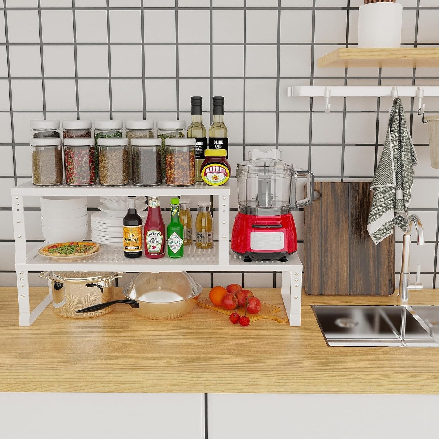 Expandable Cabinet Shelf Organizer Storage Spice Rack Shelves for Kitchen Stackable Adjustable Pantry Cupboard Bathroom Countertop Desktop(1Pack/White/Large-with Hole)