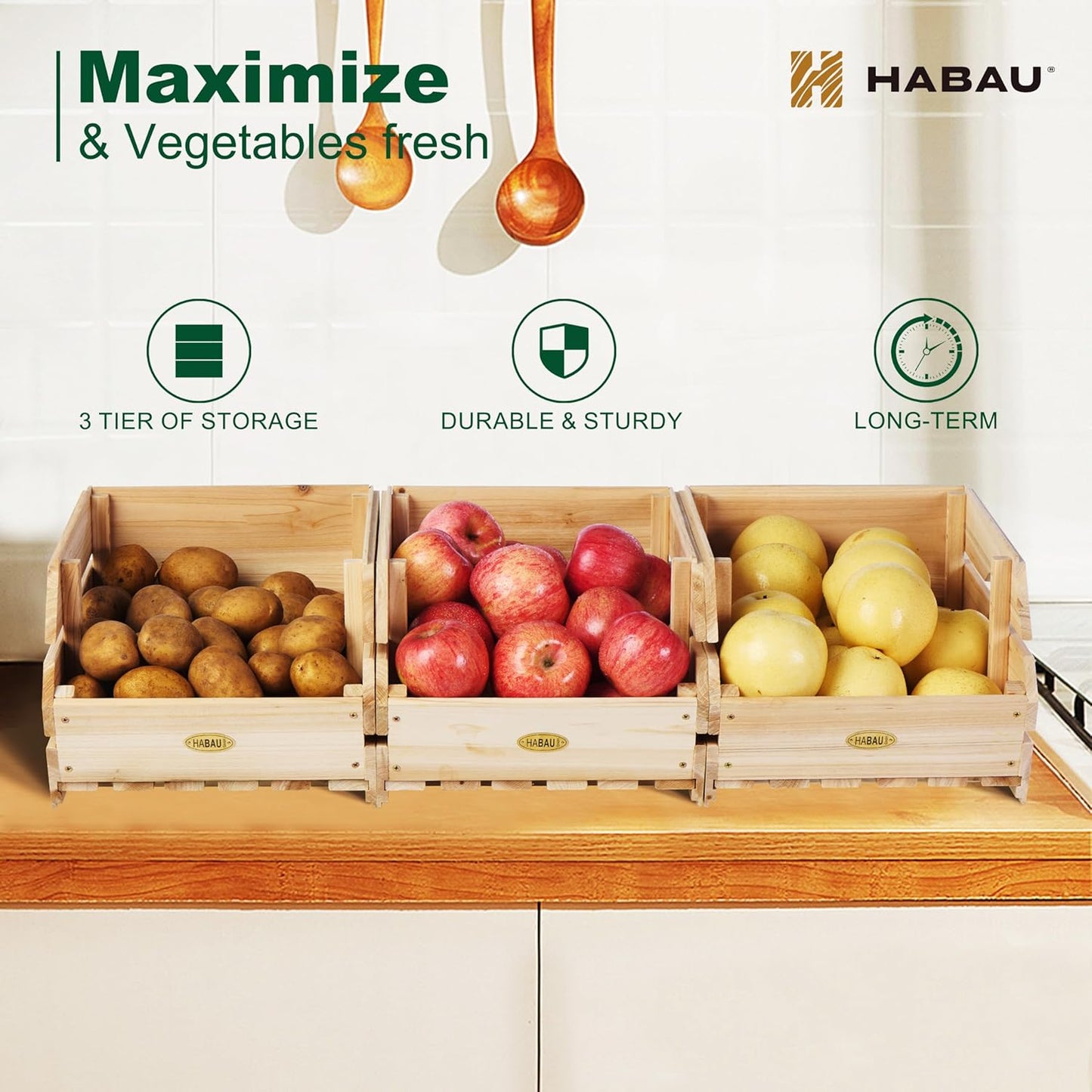 Wood Potato Onion Storage Bins - Wooden Stackable Produce Basket