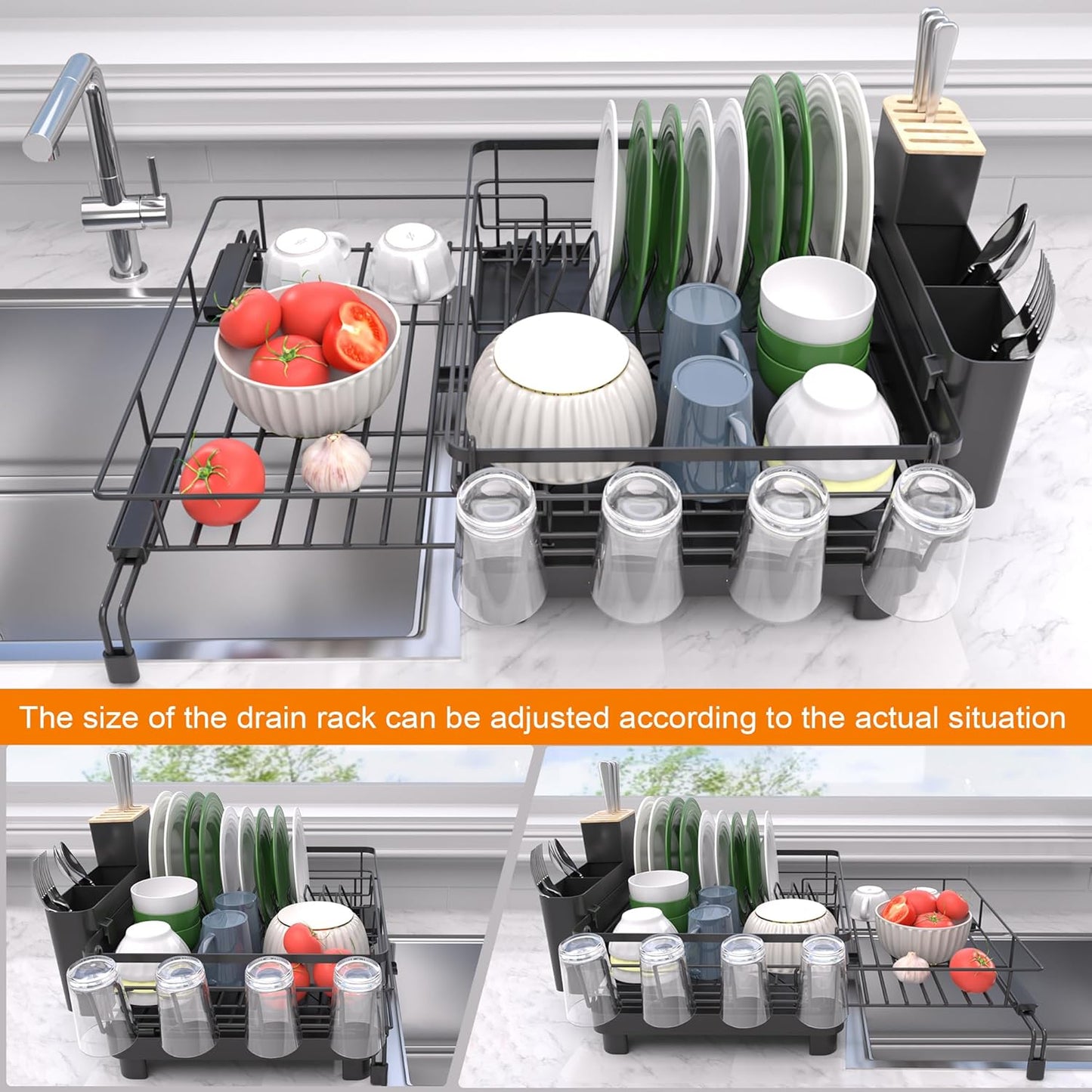 Dish Drying Rack - Expandable Dish Rack, Large Drying Dish Drainer Over Sink with Drainboard