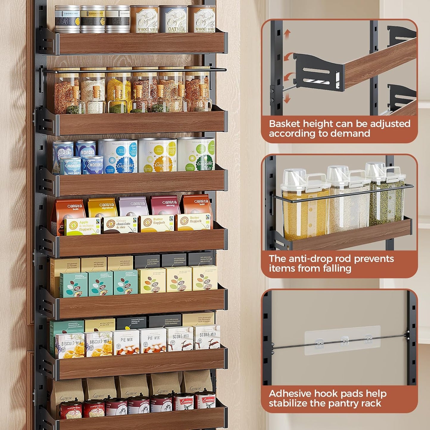 8-Tier Spice Rack Wall Mount, Heavy-Duty Over the Door Pantry Organizer with Wooden Adjustable Basket, 2 IN 1 Wall Mount or Hanging Pantry Door Organizer,Door Spice Rack for Pantry, Black