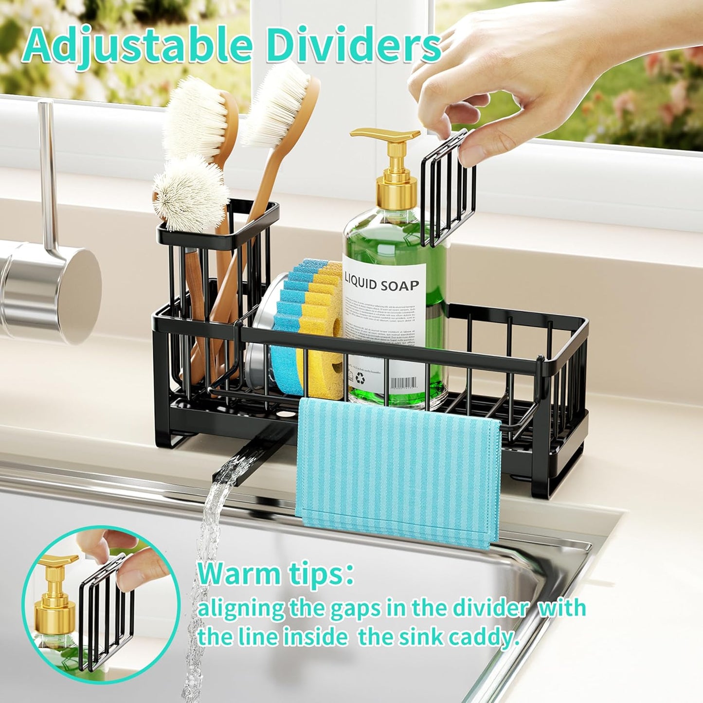Sponge Holder for Kitchen Sink - Self-draining Sink Caddy with Brush and Dishcloth Holders