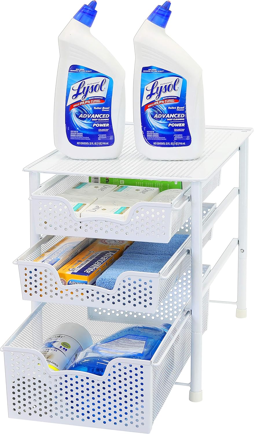 3 Tier White Alloy Steel Sliding Basket Organizer Drawer Cabinet