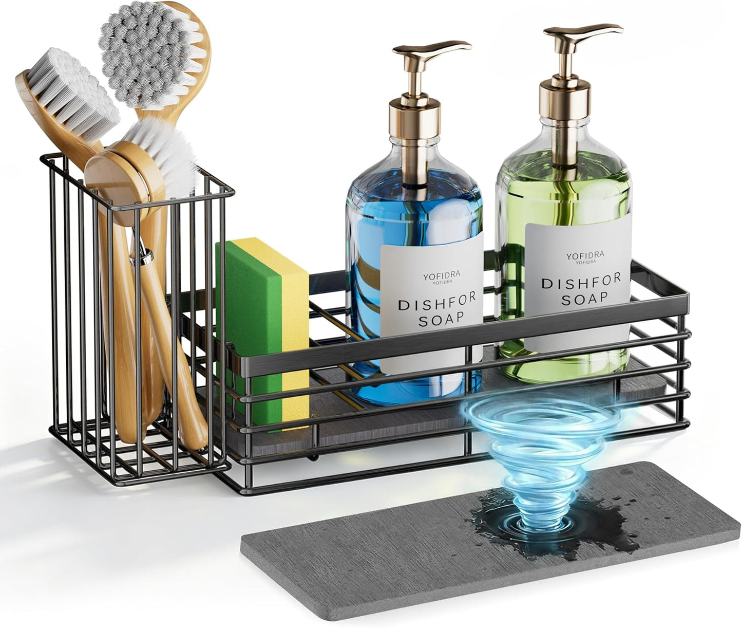 Sponge Holder for Kitchen Organizer: Sink Caddy with Instant Drying Stone, Metal Stainless Steel