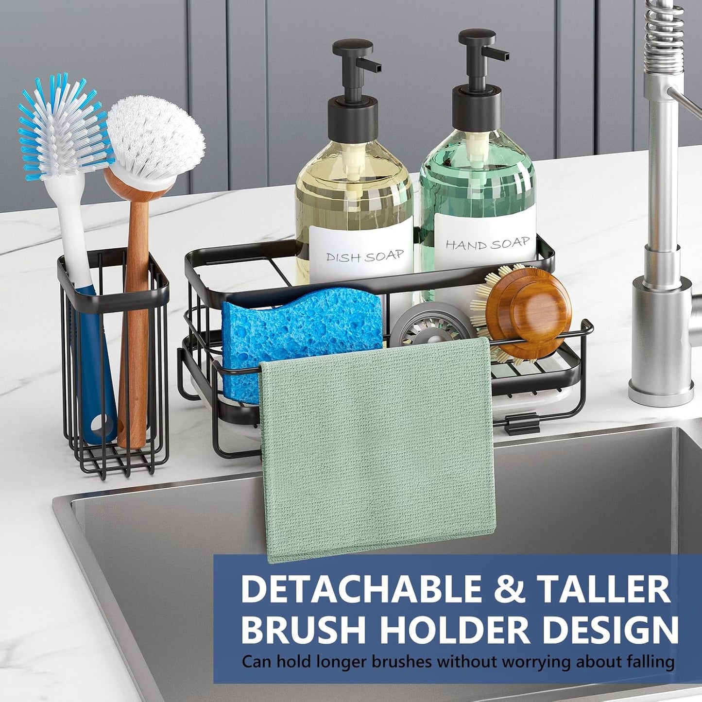 Trendy Sink Caddy Kitchen Organizer, Non-Slip Dish Soap Dispenser Rack with Drain Tray