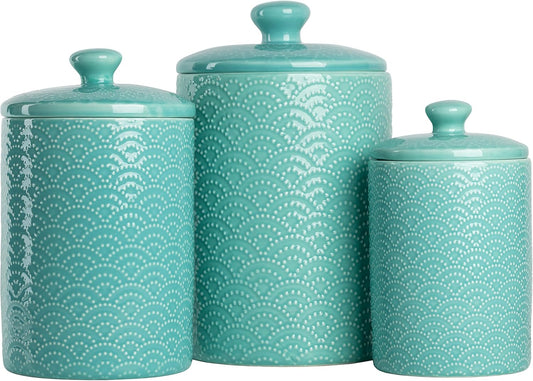 Embossed Ceramic Kitchen Canister Set, Set of 3, Tide Blue
