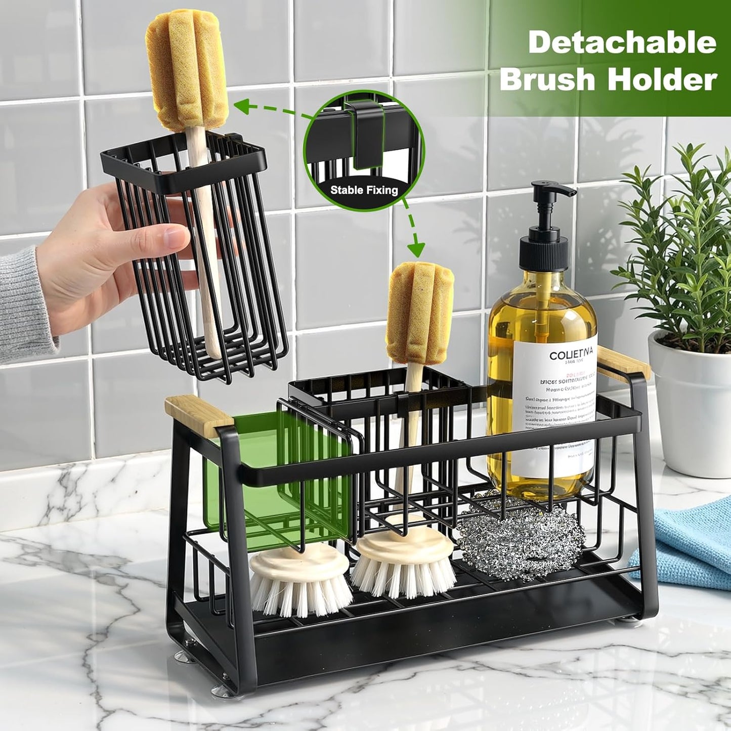 Sponge Holder for Kitchen Sink, 2-Tier Sink Caddy Organizer with Flexible High Brush Holder