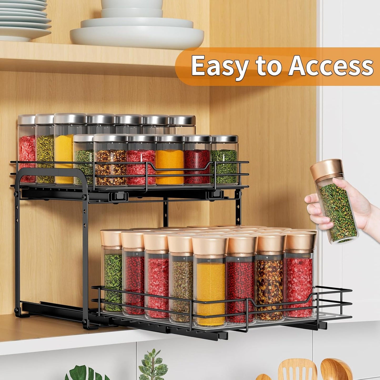 Spice Organization for Cabinet,2 Tier Pull out Spice Rack Organizer for Inside Cabinets & Pantry