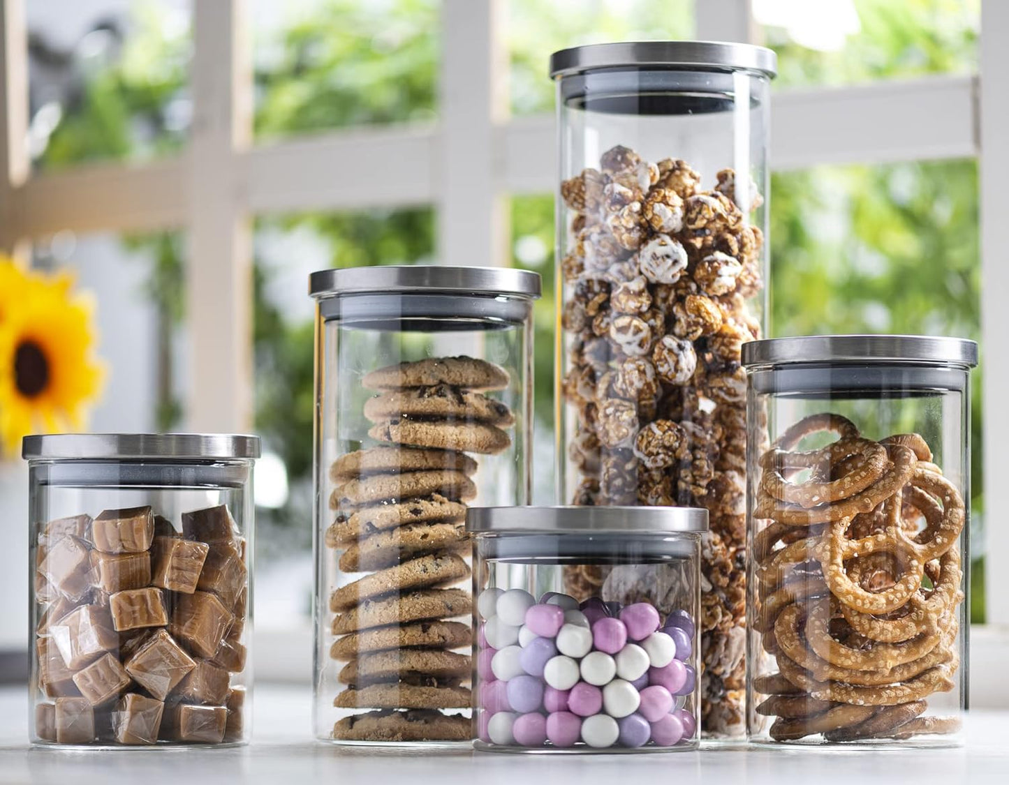 Set of 5 Glass Kitchen Canisters with Airtight Stainless-Steel Lid - Dishwasher Safe