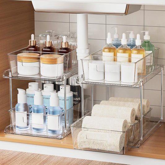 Pull-out Home Organizer, 2 Pack 2 Tier Clear Bathroom Organizer with Dividers