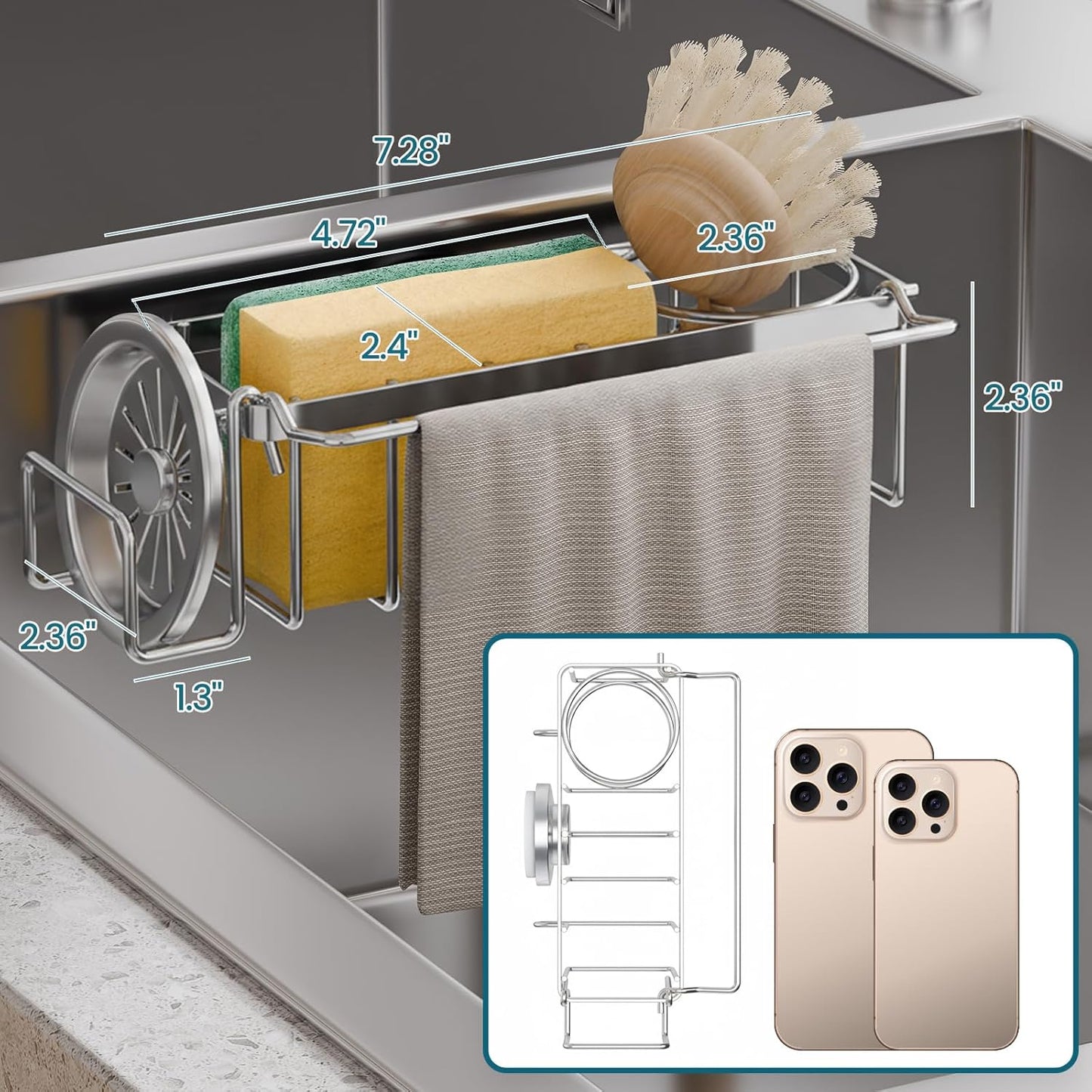 Sponge Holder with Strong Suction Cup, 4-in-1 Rustproof Sink Organizer - Sink Caddy Holds Sponges
