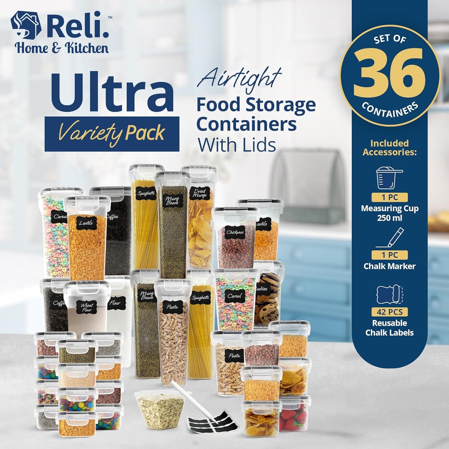 Airtight Food Storage Containers with Lids (36 Sets) | Kitchen Organizers and Storage Pantry Organizers | BPA Free Plastic Food Containers | Ultra Variety Pack w/Measuring Cup, 42 Labels, Pen