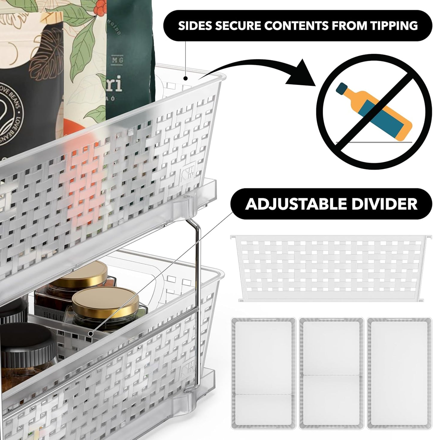 2 Tier Bathroom Organizer Tray Pull-Out Sliding Drawer/Under-Sink Storage, Clear
