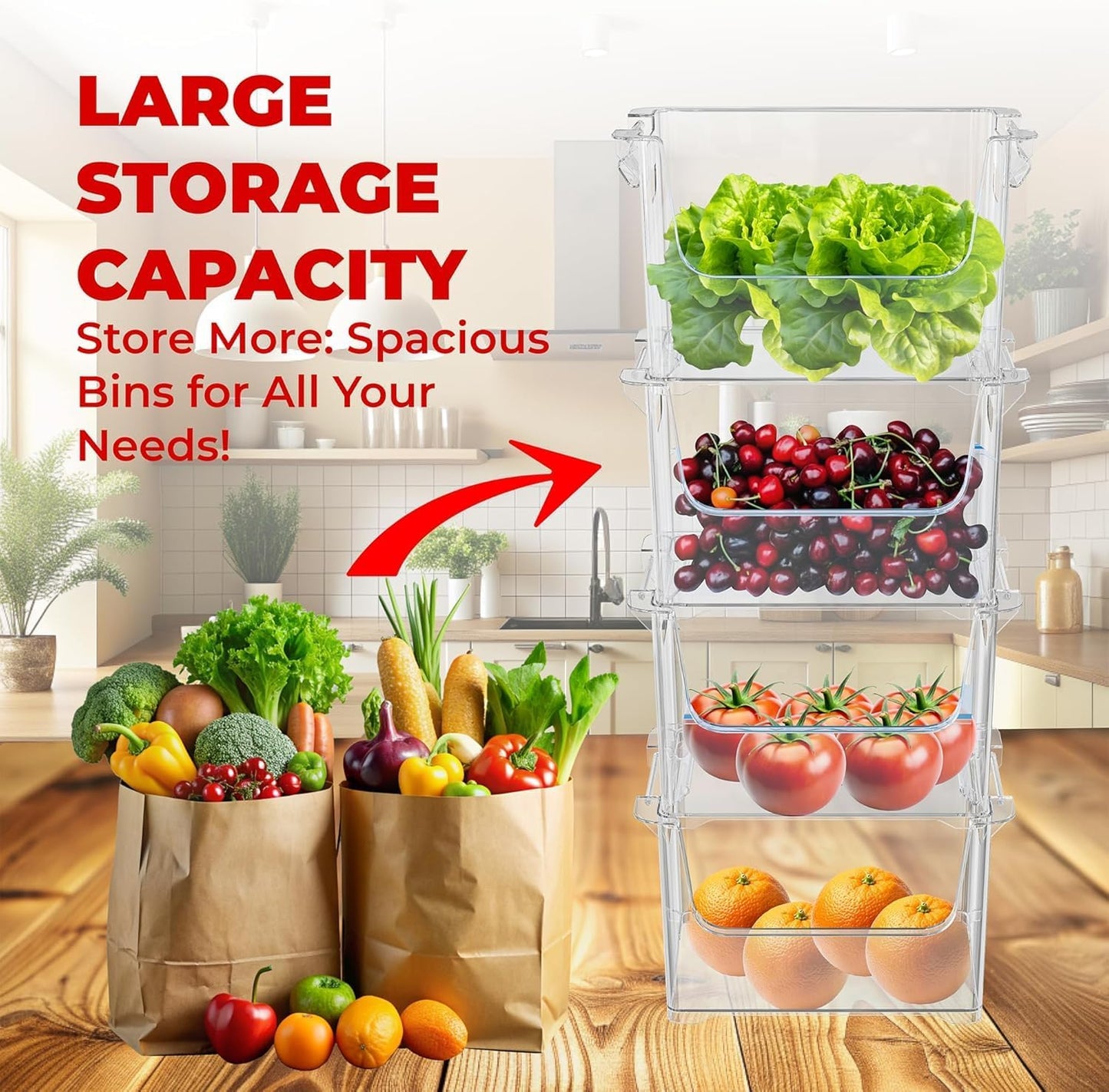 TidyFriend Stackable Storage Bins for Pantry - 4 Pack Stackable Bins for Organizing Food, Kitchen