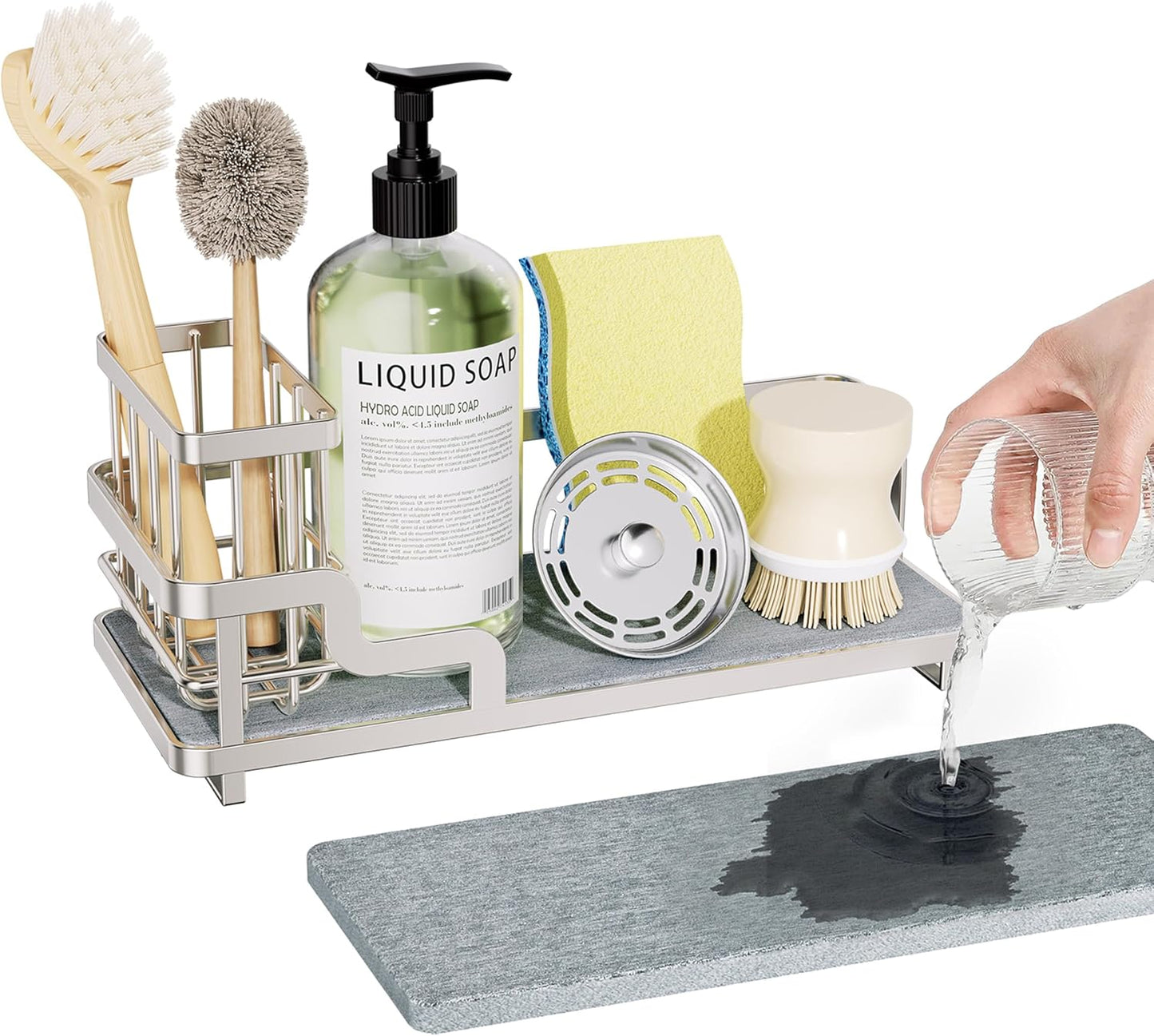 Sponge Holder for Kitchen Sink - Sink Caddy Organizer with Water Absorbing Stone Tray