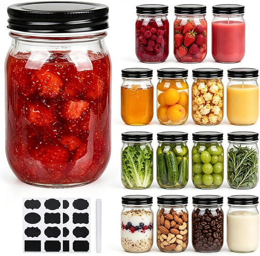 16 oz Glass Jars With Lids, Wide Mouth Mason Jars,Glass Storage Jars For Food,Canning Jars For Pickles,Herb,Jelly,Jams,Honey,Kitchen Canisters Dishware Safe 16 Pack