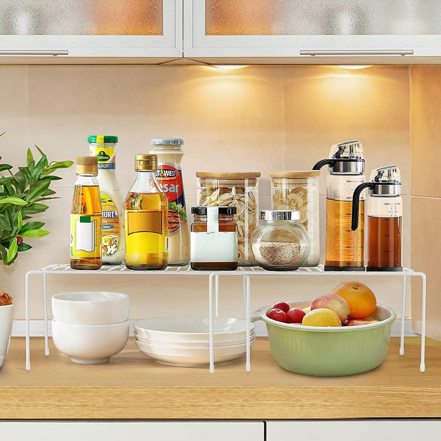 Expandable Cabinet Shelf Organizer, Rustproof Metal Shelf Riser Kitchen Counter Storage Organizer Rack for Fridge, Cabinet, Pantry and Bathroom with Scratch Resistant Feet