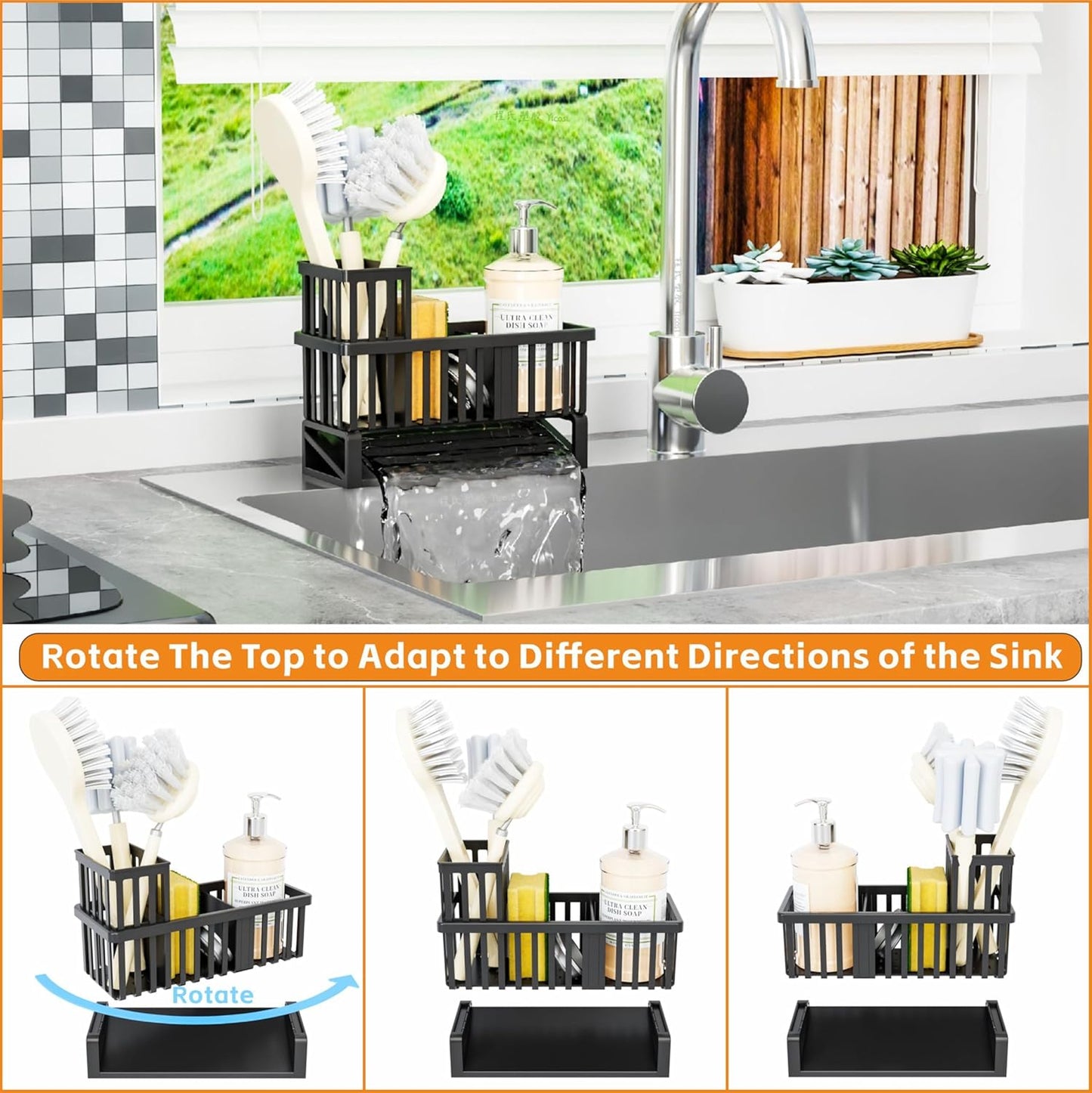 Rustproof Kitchen Sink Caddy Organizer,Plastic Scrubber,Dish Sponge Holder,Dish Soap Rack & Dispenser,Multifunctional Sponge Drain Rack,Dish Soap Caddy & Storage Organization Accessories,Black
