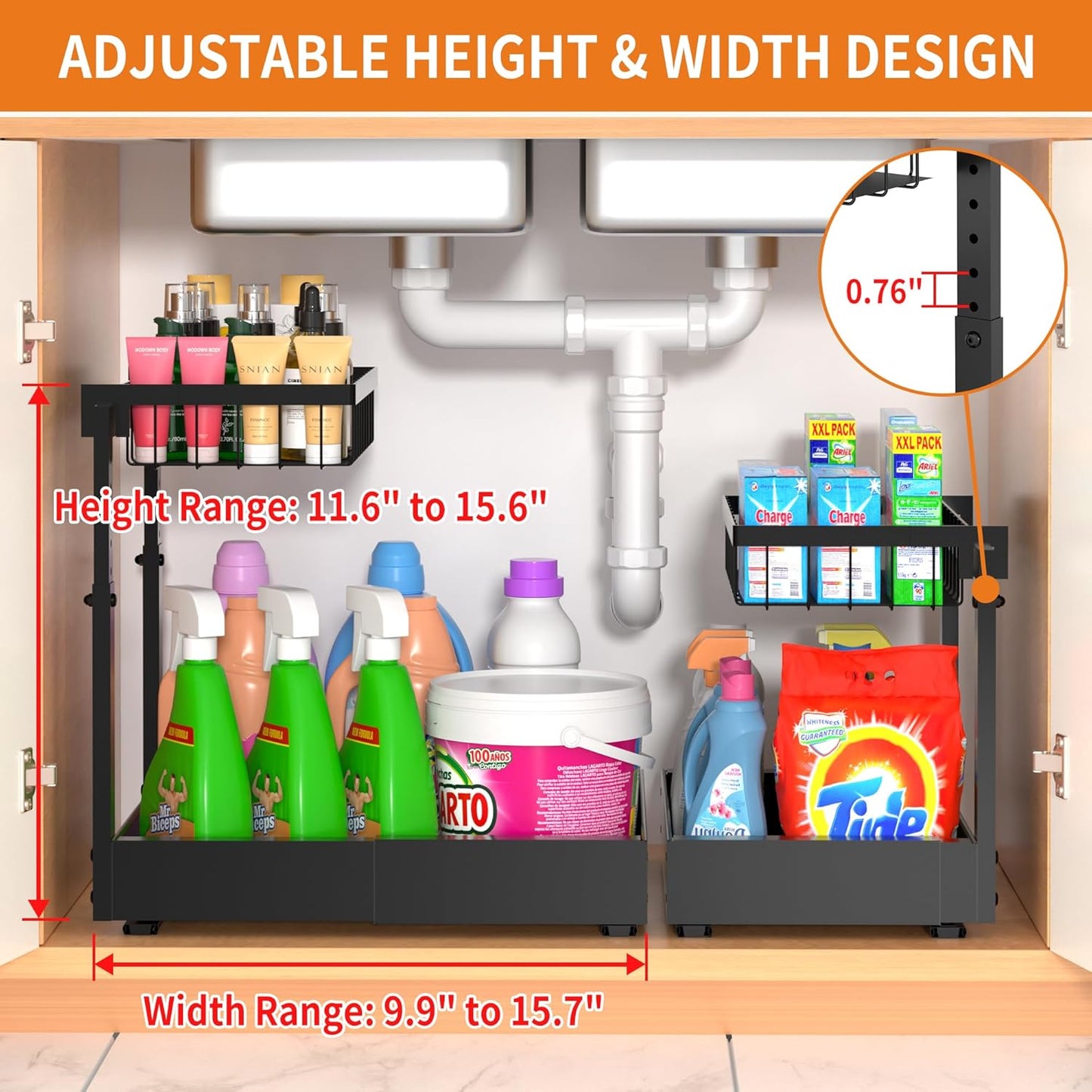 2-Pack Expandable Under Sink Organizers and Storage, 2-Tier Adjustable Pull-Out Cabinet Organizers