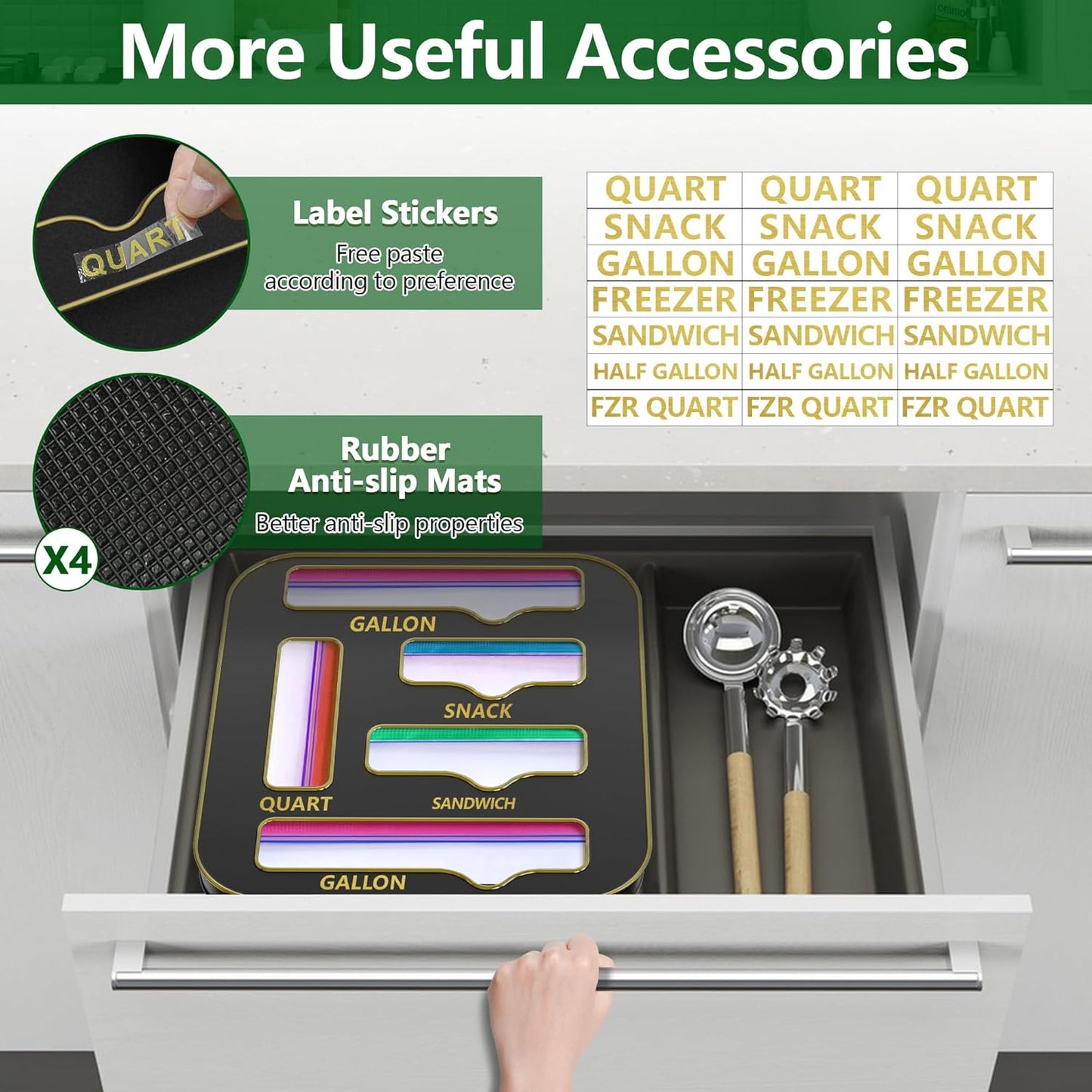 Metal Bag Storage Organizer Kitchen Drawer, Non-Marking Installation of Sandwich Bag Organizer