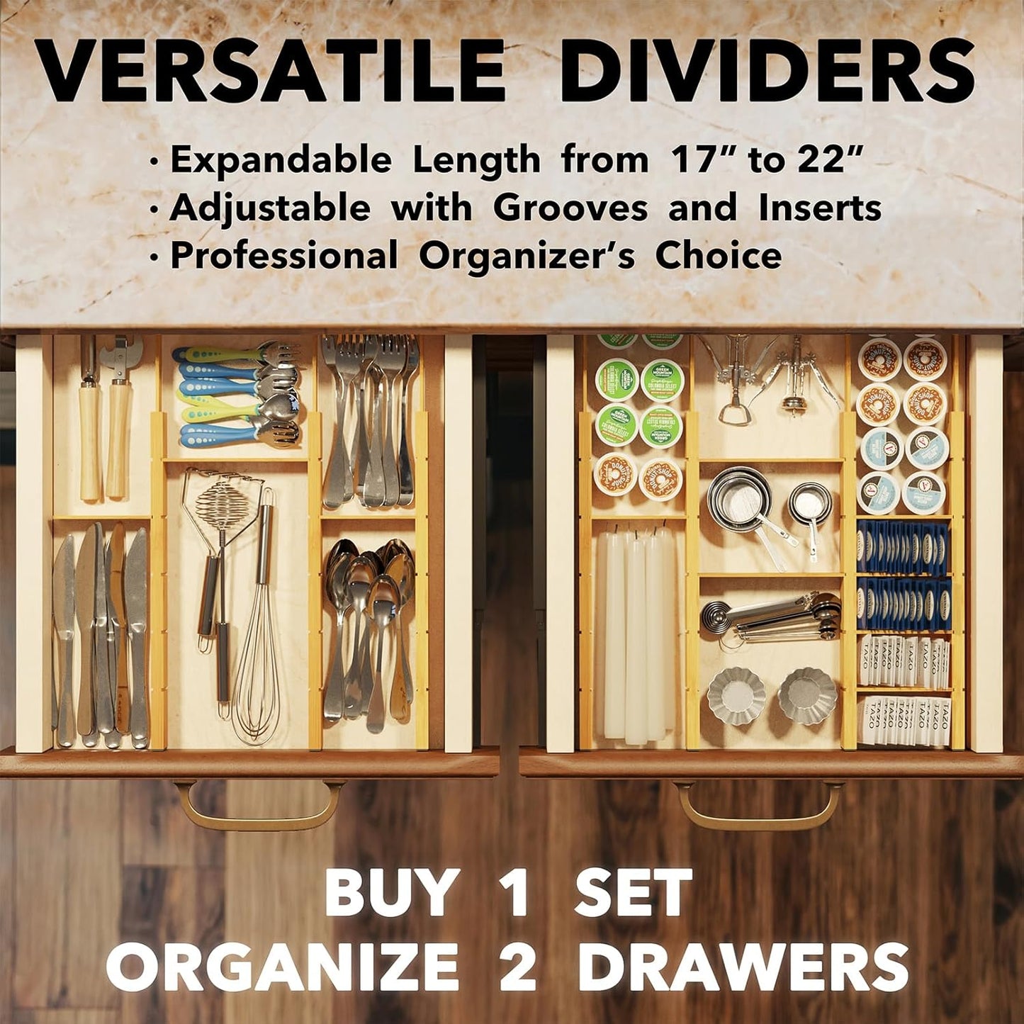 Bamboo Drawer Dividers with Inserts and Labels, Kitchen Adjustable Drawer Organizers