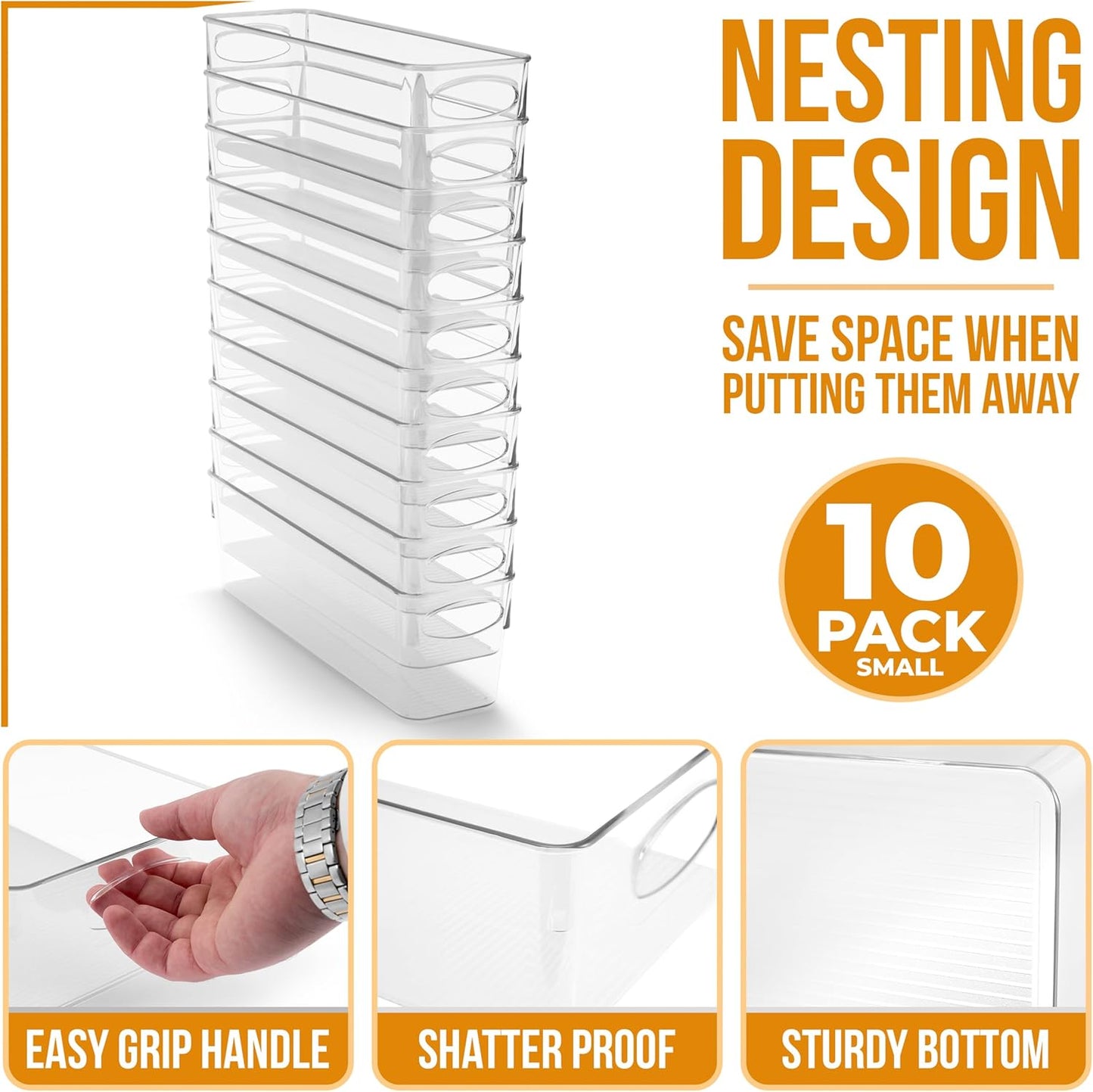 Small Clear Plastic Storage Bins for Organizing, 10 Pack Clear Organizer Bins with Handles