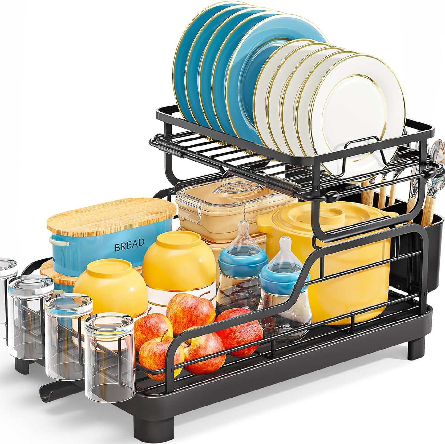 Dish Drying Rack,2 Tier Dish Drying Rack with Large Drainboard,Dish Racks for Kitchen Counter and Sink,Stainless Steel Dish Drainers with Cup ＆ Utensil Holders,Black