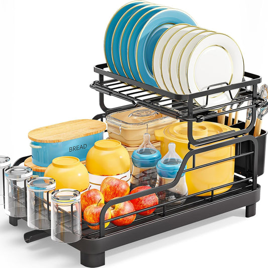 Dish Drying Rack,2 Tier Dish Drying Rack with Large Drainboard,Dish Racks for Kitchen Counter and Sink,Stainless Steel Dish Drainers with Cup ＆ Utensil Holders,Black