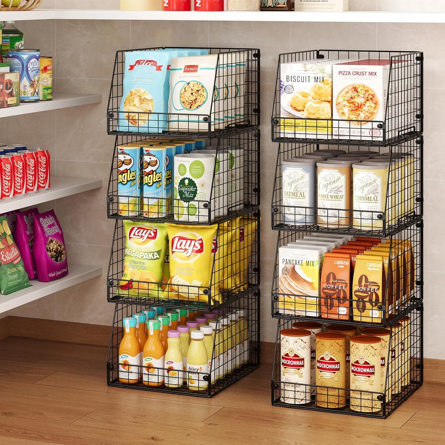 4 Pack XXL Stackable Wire Storage Basket, Extra Large Capacity Pantry Organizer and Storage