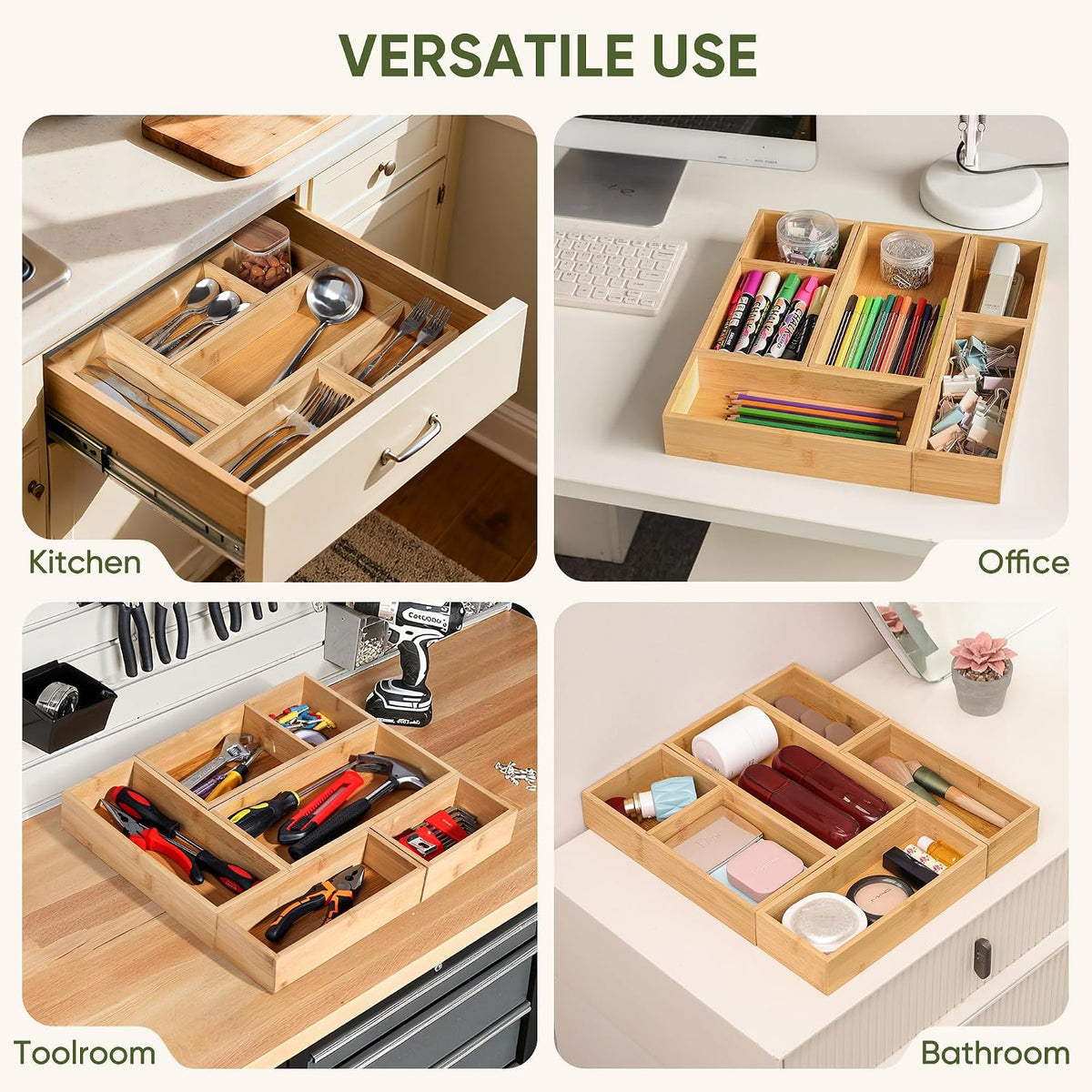 Bamboo Drawer Organizers Set with Removable Dividers