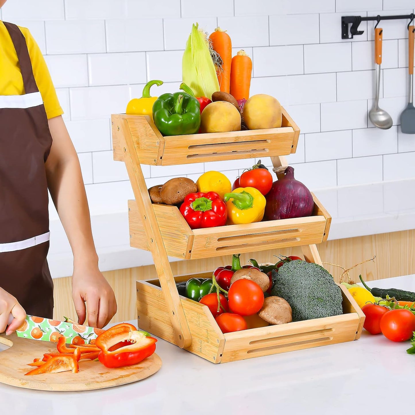 Fruit Basket, 3 Tier Bamboo Fruit Bowl for Kitchen, Stand Storage Holder